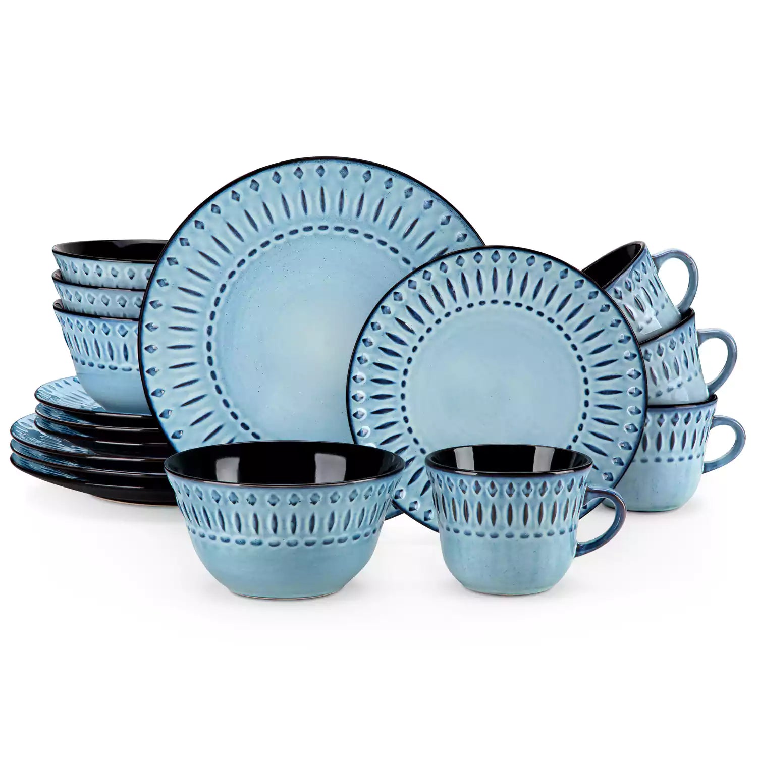 vancasso Nile 16-Piece Dinnerware Set With Embossed Geometric Patterns And A Reactive Glaze, Blending Artisanal Charm With Modern Farmhouse Style.