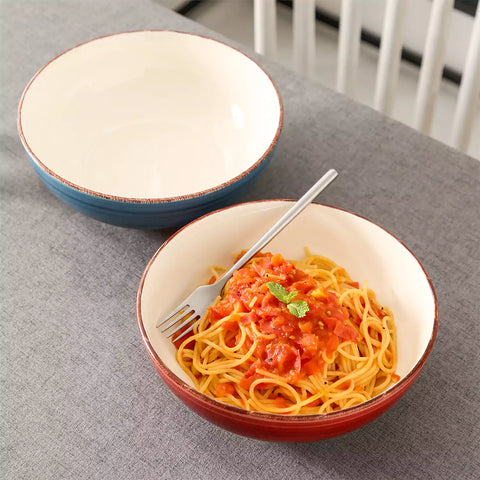 Bella Serving Bowls Set of 2 in blue and red - vintage handmade spiral design - perfect for salads - pasta - or sides-vancasso