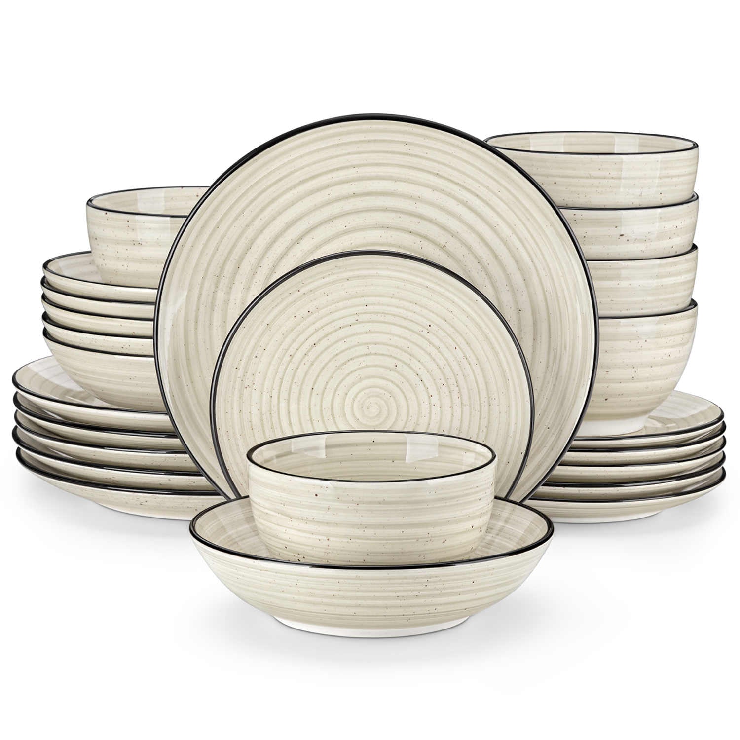 Bonbon 24-Piece Stoneware Dinnerware Set with Exquisite Dual-Sided Hand-Painted Beige Artwork and Redesigned Soup Plates-vancasso