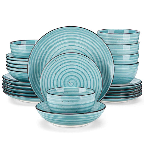 Bonbon 24-Piece Stoneware Dinnerware Set with Exquisite Dual-Sided Hand-Painted Blue Artwork and Redesigned Soup Plates-vancasso