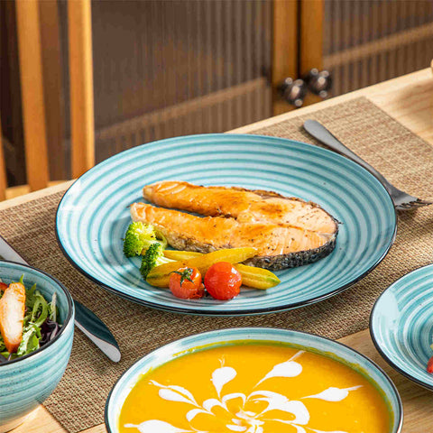 Bonbon 24-Piece Stoneware Dinnerware Set with Exquisite Dual-Sided Hand-Painted Blue Artwork and Redesigned Soup Plates-vancasso