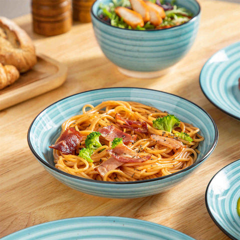 Bonbon 24-Piece Stoneware Dinnerware Set with Exquisite Dual-Sided Hand-Painted Blue Artwork and Redesigned Soup Plates-vancasso