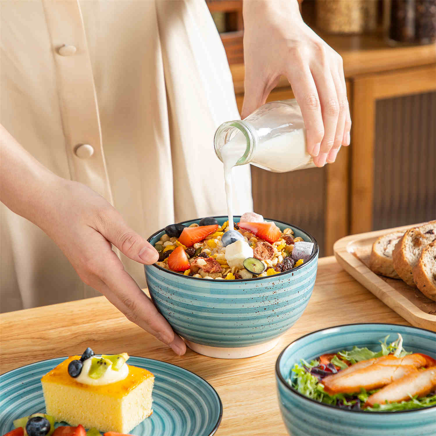 Bonbon 24-Piece Stoneware Dinnerware Set with Exquisite Dual-Sided Hand-Painted Blue Artwork and Redesigned Soup Plates-vancasso