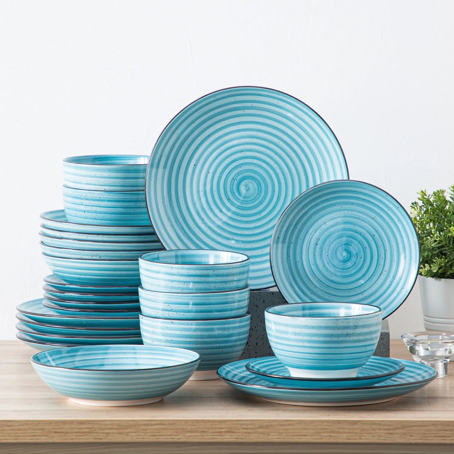 Bonbon 24-Piece Stoneware Dinnerware Set with Exquisite Dual-Sided Hand-Painted Blue Artwork and Redesigned Soup Plates-vancasso