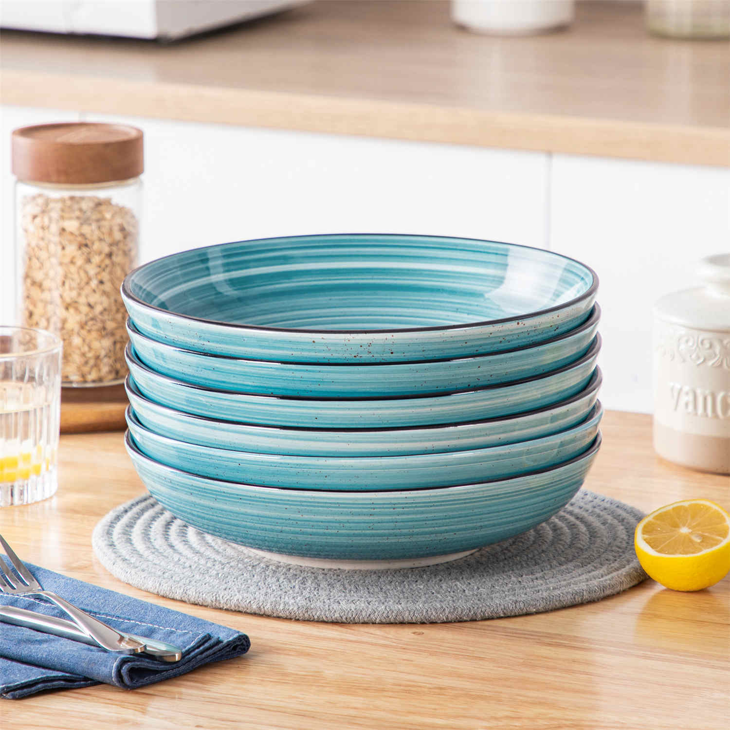 Bonbon large dual-sided stoneware pasta bowls set of 6 - 50oz - blue - spiral and speckled design - vintage charm - vancasso