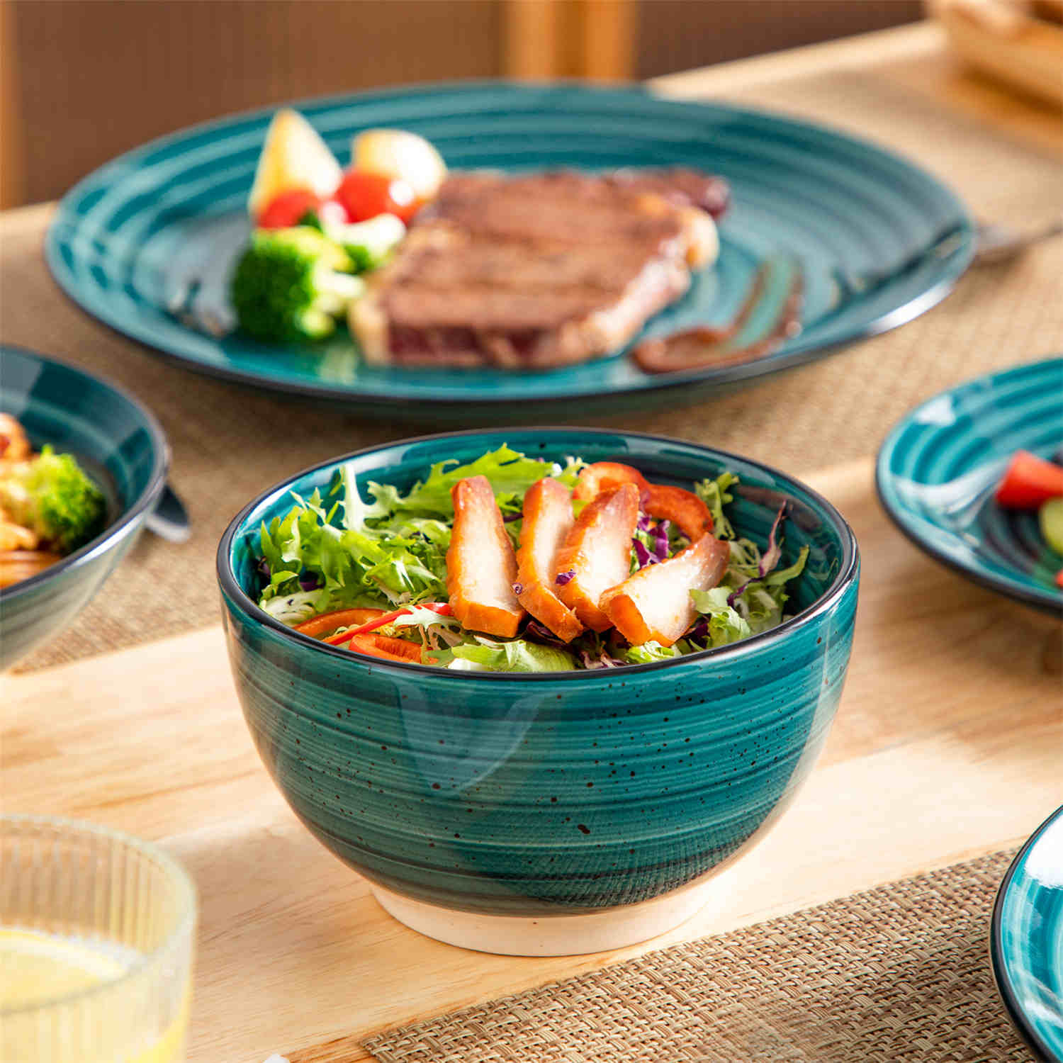 Bonbon 24-Piece Stoneware Dinnerware Set with Exquisite Dual-Sided Hand-Painted Green Artwork and Redesigned Soup Plates-vancasso