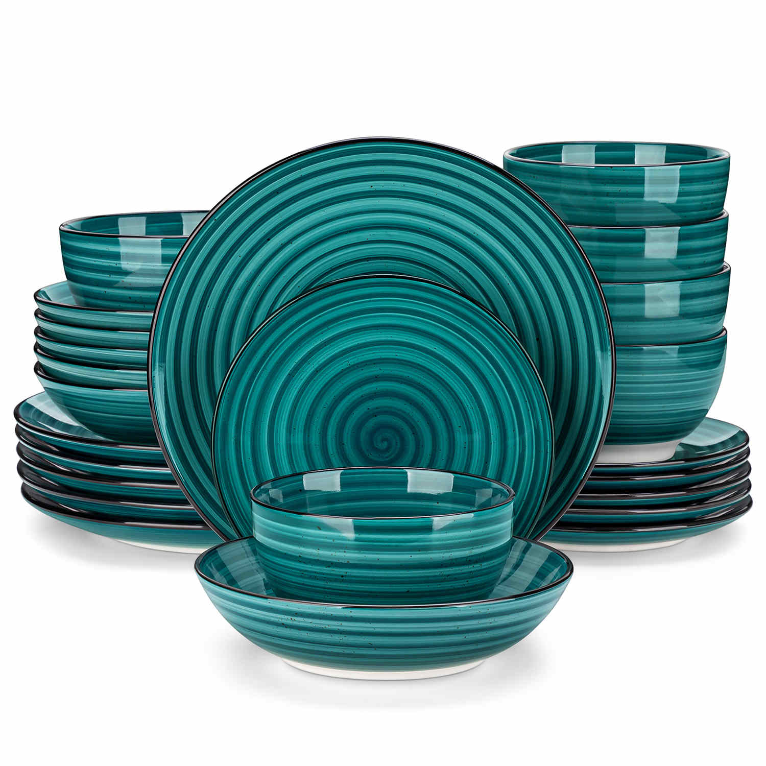 Bonbon 24-Piece Stoneware Dinnerware Set with Exquisite Dual-Sided Hand-Painted Green Artwork and Redesigned Soup Plates-vancasso