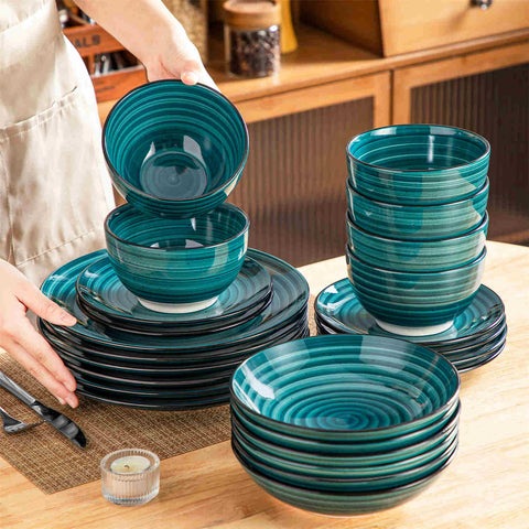 Bonbon 24-Piece Stoneware Dinnerware Set with Exquisite Dual-Sided Hand-Painted Green Artwork and Redesigned Soup Plates-vancasso