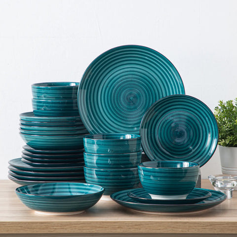 Bonbon 24-Piece Stoneware Dinnerware Set with Exquisite Dual-Sided Hand-Painted Green Artwork and Redesigned Soup Plates-vancasso