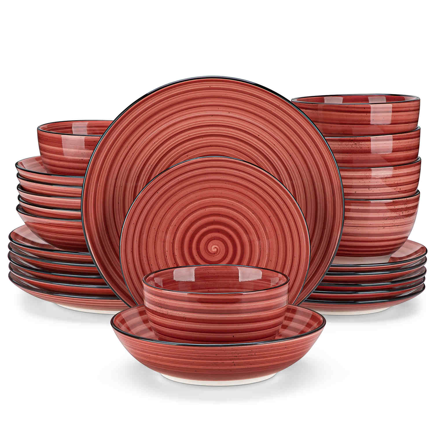 Bonbon 24-Piece Stoneware Dinnerware Set with Exquisite Dual-Sided Hand-Painted Red Artwork and Redesigned Soup Plates-vancasso