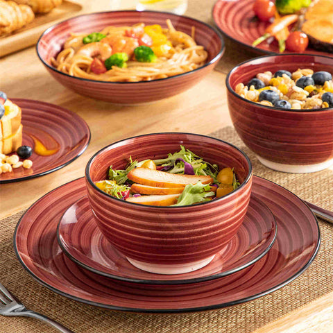 Bonbon 24-Piece Stoneware Dinnerware Set with Exquisite Dual-Sided Hand-Painted Red Artwork and Redesigned Soup Plates-vancasso