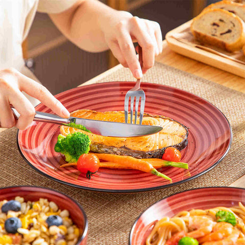 Bonbon 24-Piece Stoneware Dinnerware Set with Exquisite Dual-Sided Hand-Painted Red Artwork and Redesigned Soup Plates-vancasso