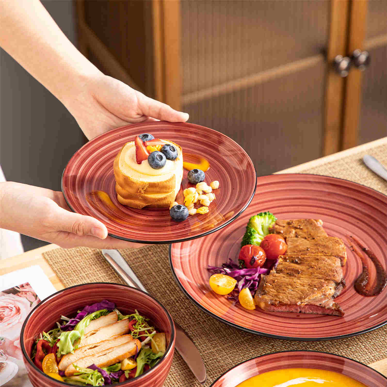 Bonbon 24-Piece Stoneware Dinnerware Set with Exquisite Dual-Sided Hand-Painted Red Artwork and Redesigned Soup Plates-vancasso