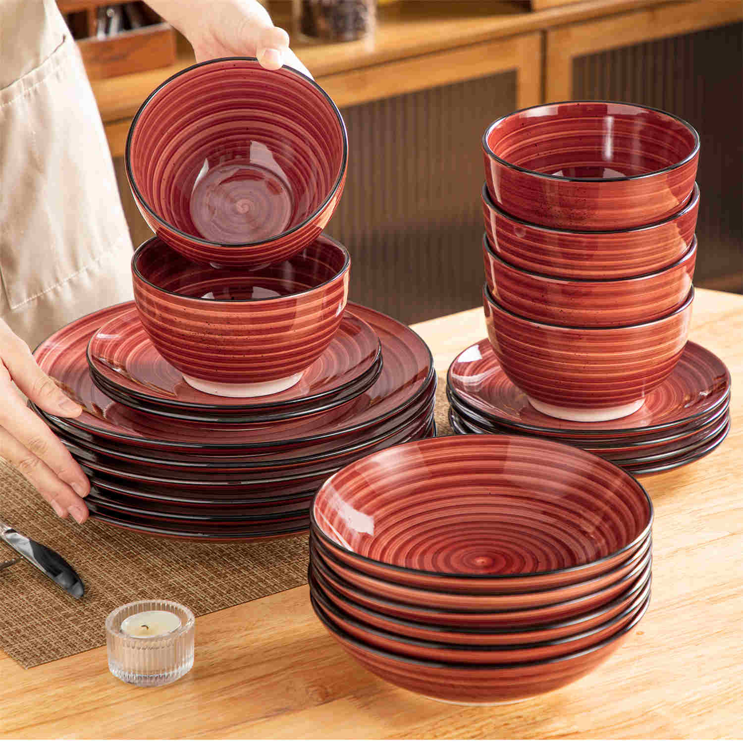 Bonbon 24-Piece Stoneware Dinnerware Set with Exquisite Dual-Sided Hand-Painted Red Artwork and Redesigned Soup Plates-vancasso