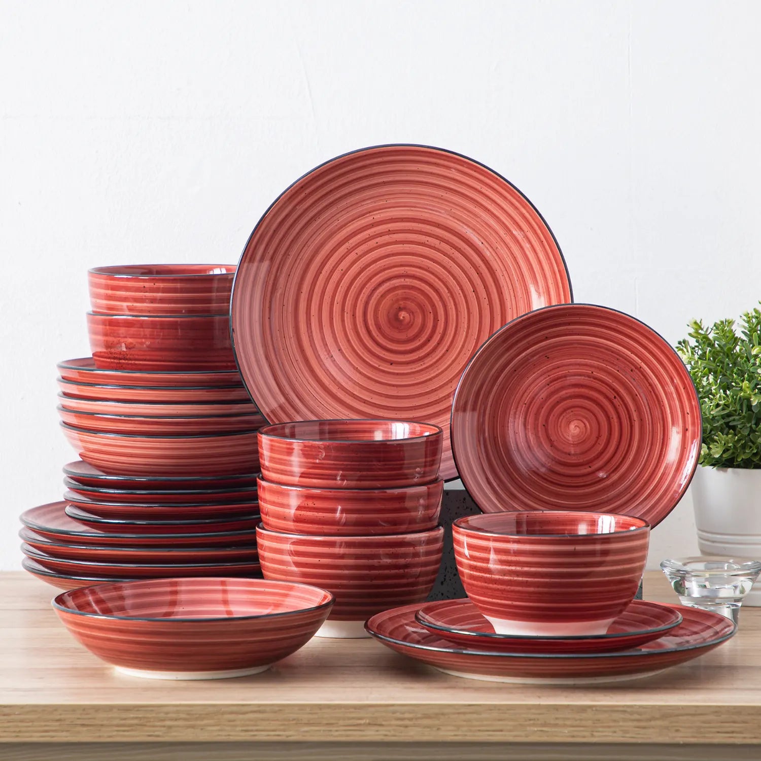 Bonbon 24-Piece Stoneware Dinnerware Set with Exquisite Dual-Sided Hand-Painted Red Artwork and Redesigned Soup Plates-vancasso