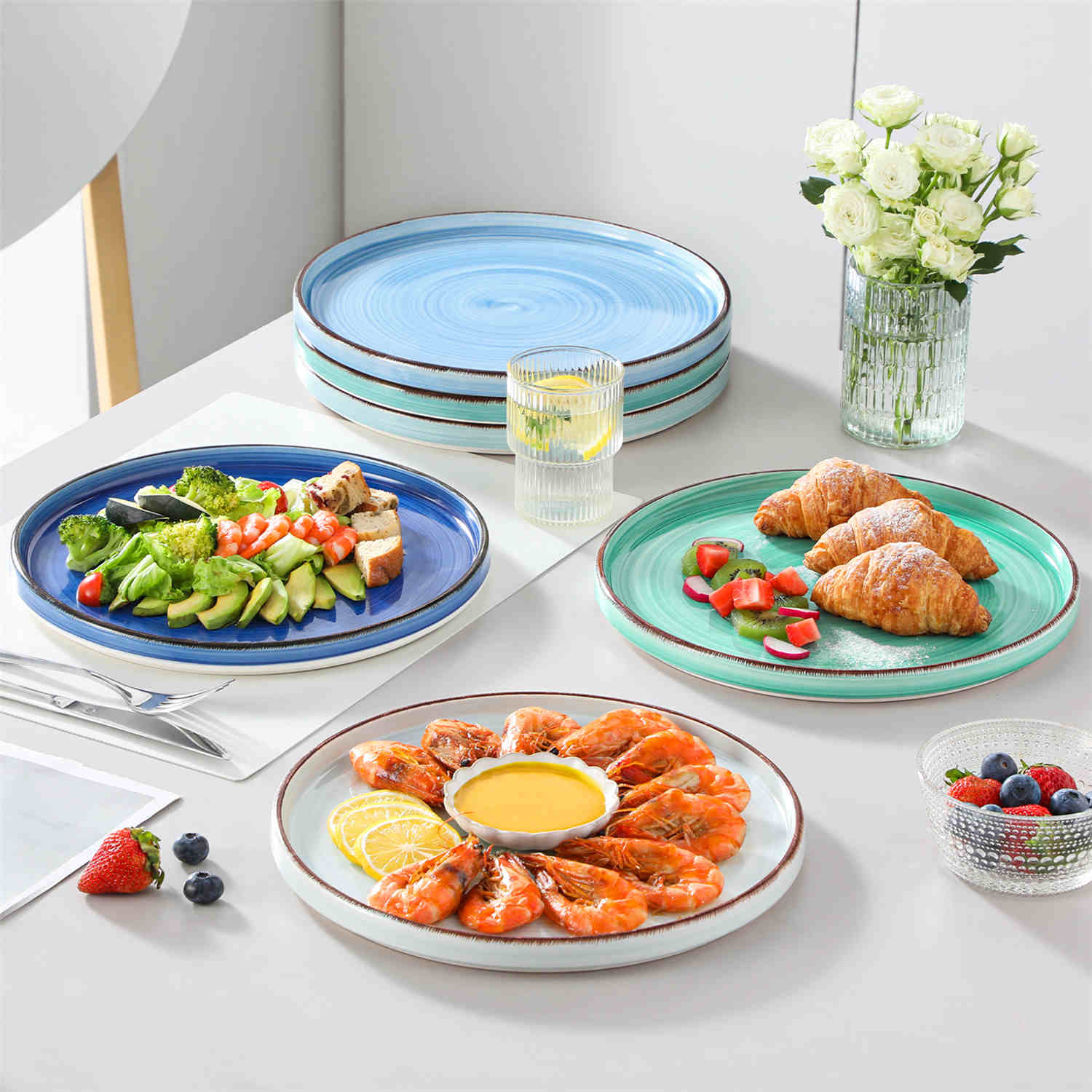 Bonita 6-Piece Straight-Edge Dinner Plates in Blue - Featuring a Waterproof Oating for Enhanced Durability and Hygiene - Easy Cleaning-vancasso