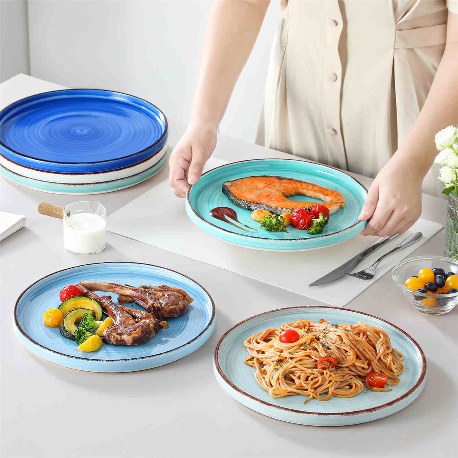 Bonita 6-Piece Straight-Edge Dinner Plates in Blue - Featuring a Waterproof Oating for Enhanced Durability and Hygiene - Easy Cleaning-vancasso