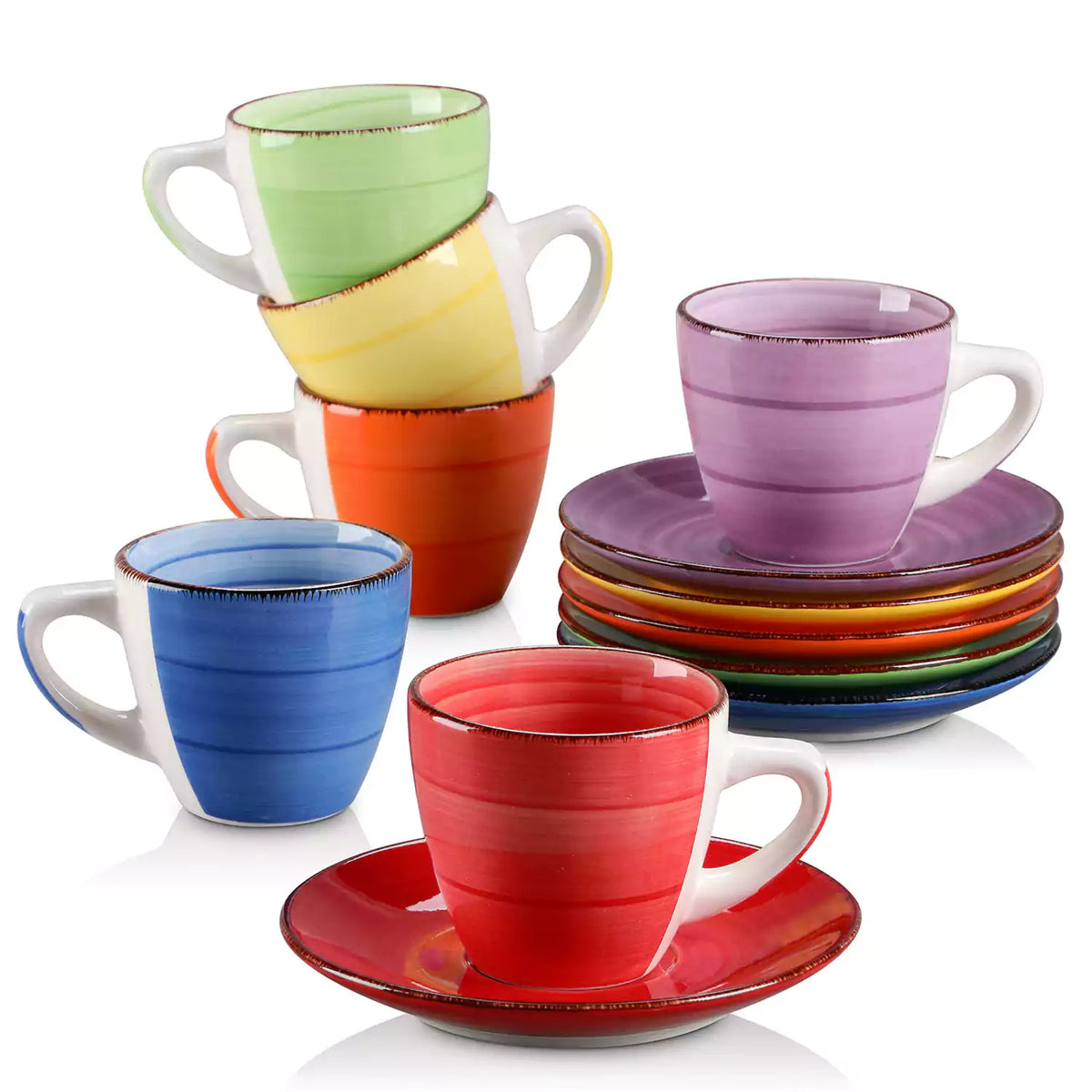 Bonita Multicolor Cups and Saucers Set of 6 - vibrant rainbow colors, spiral design -  handmade - perfect for black coffee-vancasso