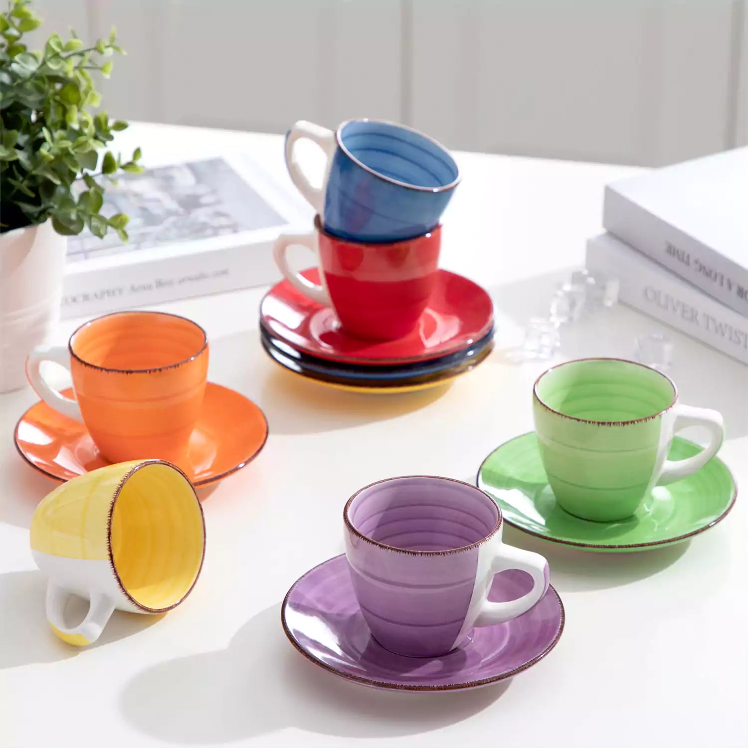 Bonita Multicolor Cups and Saucers Set of 6 - vibrant rainbow colors, spiral design -  handmade - perfect for black coffee-vancasso