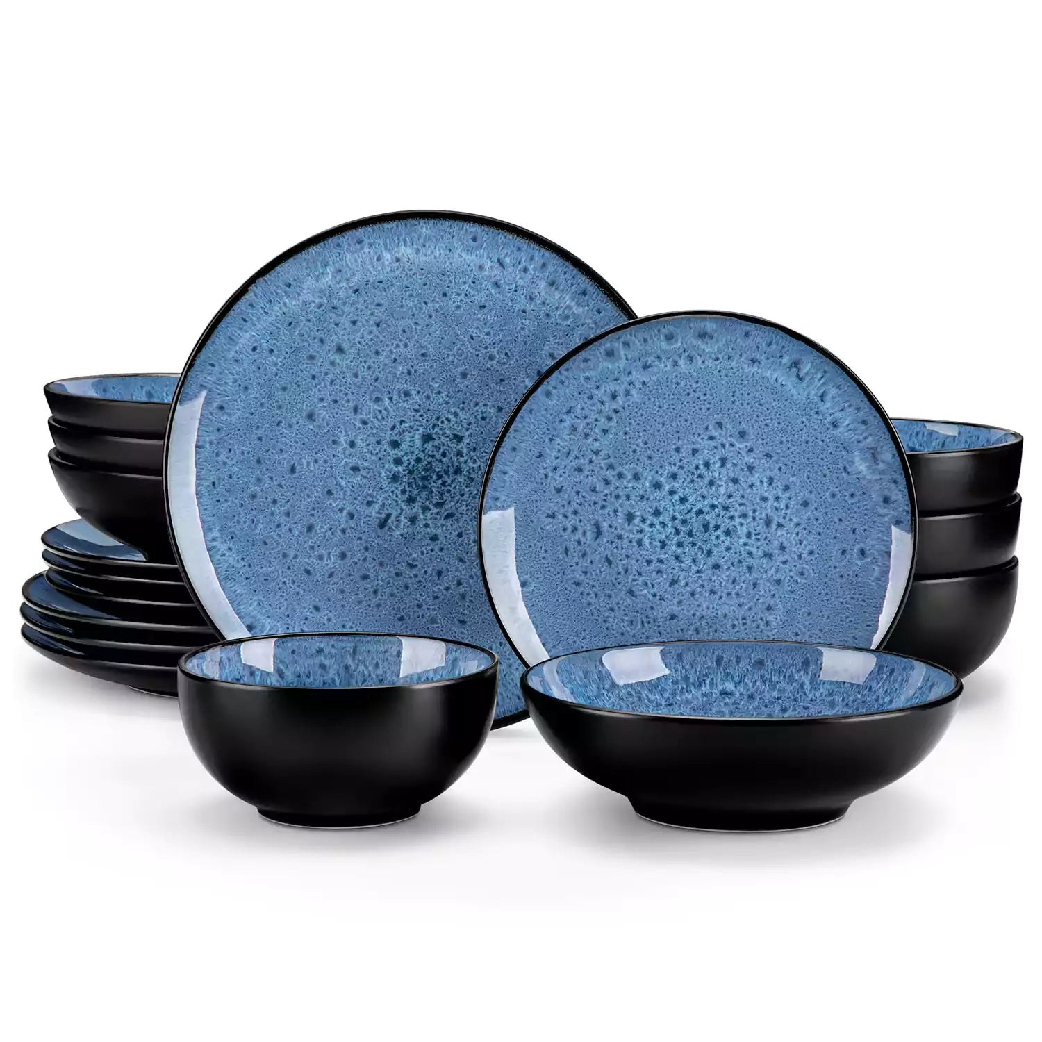 vancasso Bubble 16-Piece Dinnerware Set With Soup Bowls Featuring Glossy Reactive Glaze Bubble Patterns For A Modern Farmhouse Charm - Blue