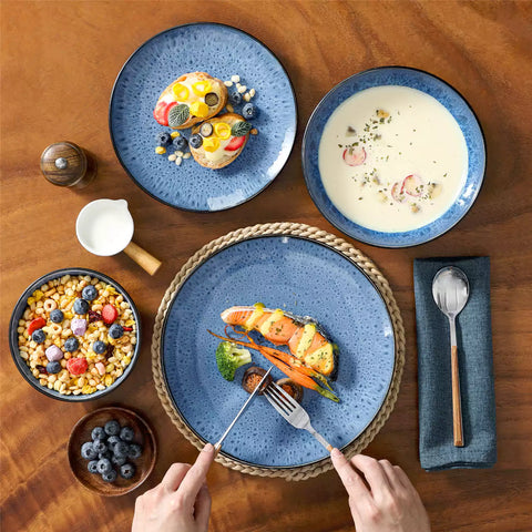 vancasso Bubble 16-Piece Dinnerware Set With Soup Bowls Featuring Glossy Reactive Glaze Bubble Patterns For A Modern Farmhouse Charm - Blue