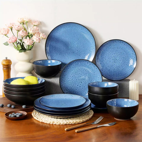 vancasso Bubble 16-Piece Dinnerware Set With Soup Bowls Featuring Glossy Reactive Glaze Bubble Patterns For A Modern Farmhouse Charm - Blue