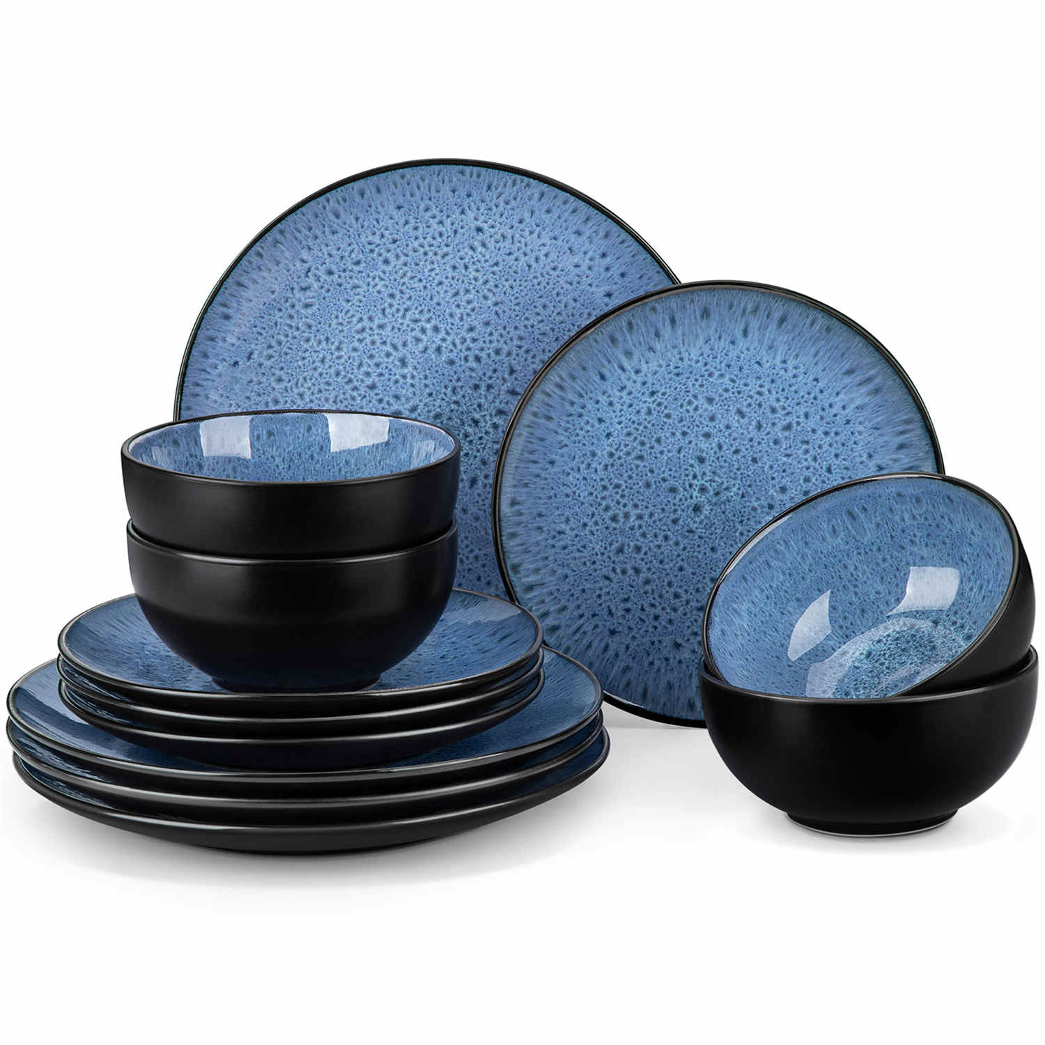 The Bubble 12-Piece Dinnerware Set features stoneware with a reactive glaze - offering farmhouse charm in blue plates and bowls - perfect for serving 4-vancasso