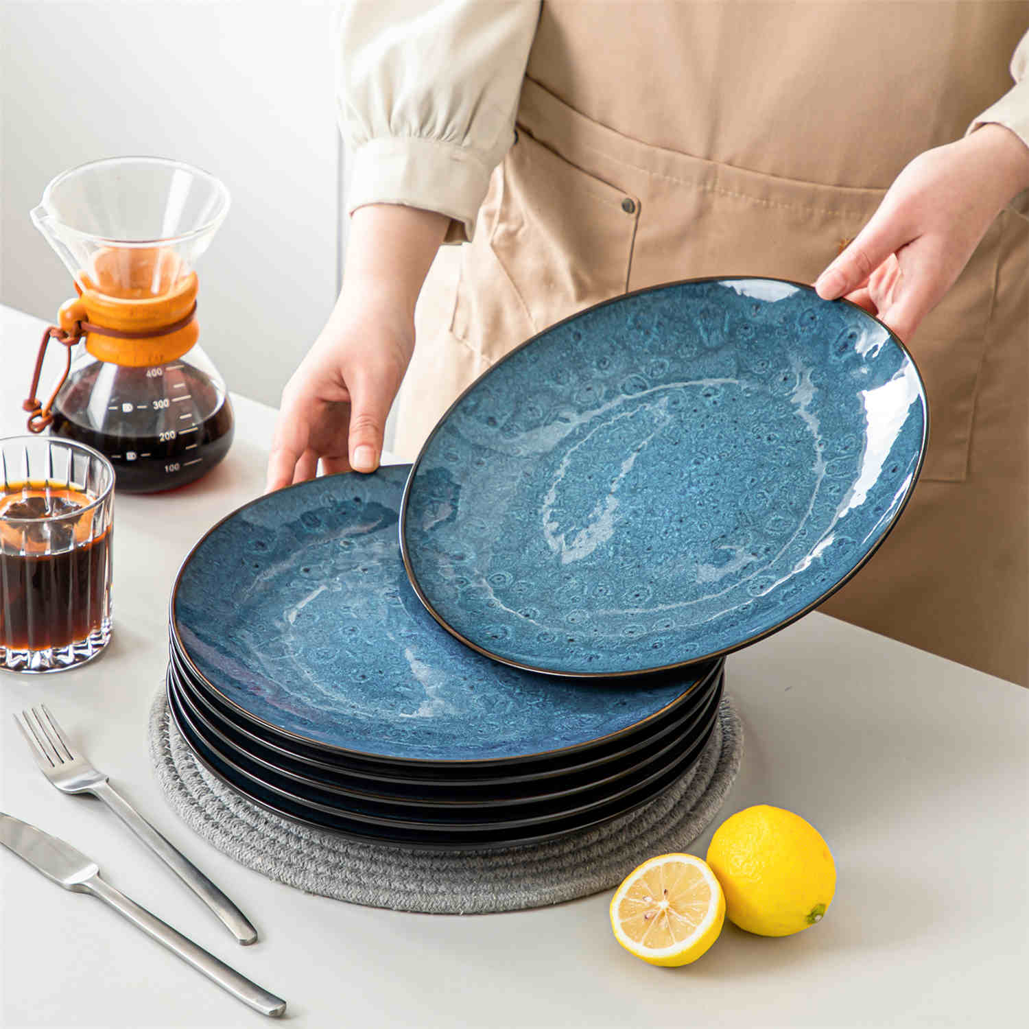 Farmhouse Blue Bubble Stoneware Dinner Plates Set of 6 with Reactive Glaze-vancasso