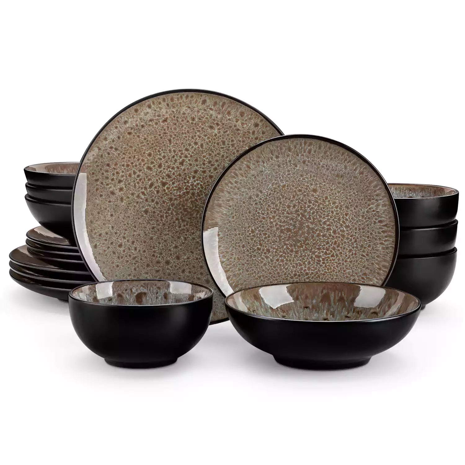 vancasso Bubble 16-Piece Dinnerware Set With Soup Bowls Featuring Glossy Reactive Glaze Bubble Patterns For A Modern Farmhouse Charm - Brown