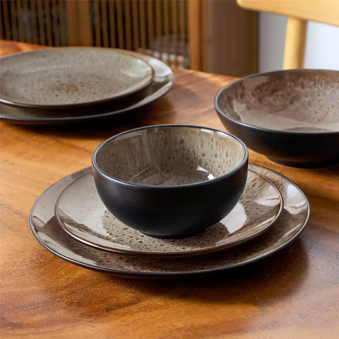 vancasso Bubble 16-Piece Dinnerware Set With Soup Bowls Featuring Glossy Reactive Glaze Bubble Patterns For A Modern Farmhouse Charm - Brown