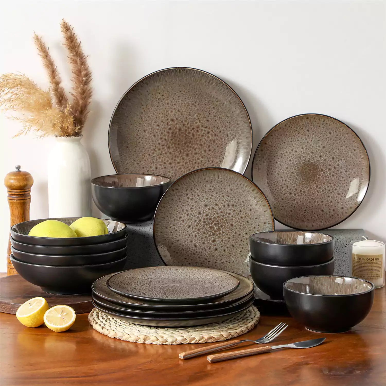 vancasso Bubble 16-Piece Dinnerware Set With Soup Bowls Featuring Glossy Reactive Glaze Bubble Patterns For A Modern Farmhouse Charm - Brown