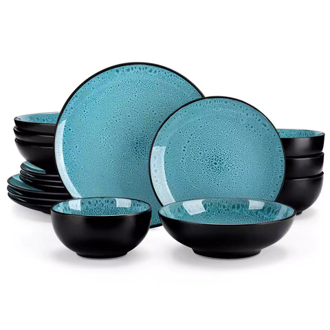 vancasso Bubble 16-Piece Dinnerware Set With Soup Bowls Featuring Glossy Reactive Glaze Bubble Patterns For A Modern Farmhouse Charm - Green