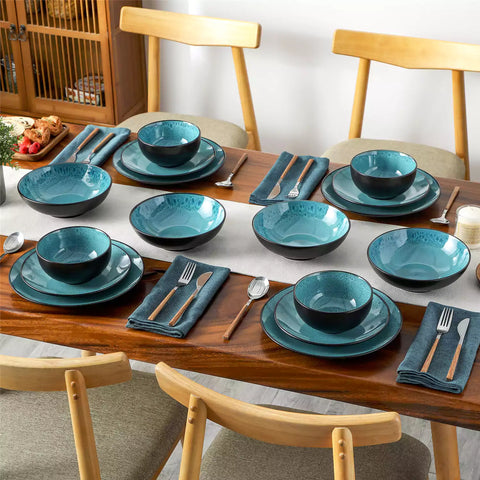 vancasso Bubble 16-Piece Dinnerware Set With Soup Bowls Featuring Glossy Reactive Glaze Bubble Patterns For A Modern Farmhouse Charm - Green