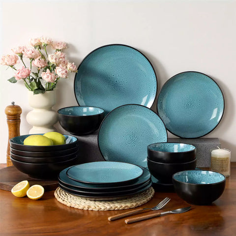 vancasso Bubble 16-Piece Dinnerware Set With Soup Bowls Featuring Glossy Reactive Glaze Bubble Patterns For A Modern Farmhouse Charm - Green