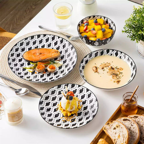 vancasso Haruka 16-Piece Dinnerware Set With Soup Bowls, Showcasing A Japanese Design That Blends Simplicity With Refined Functionality.