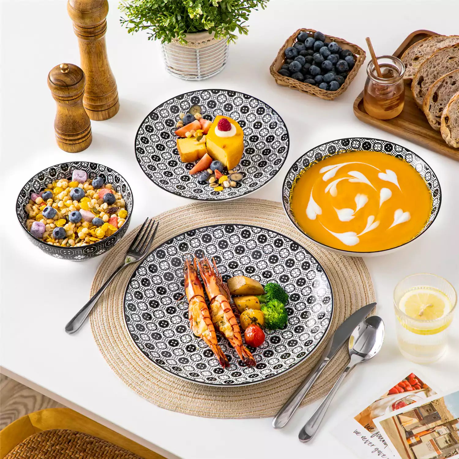 vancasso Haruka 16-Piece Dinnerware Set With Soup Bowls, Showcasing A Japanese Design That Blends Simplicity With Refined Functionality.