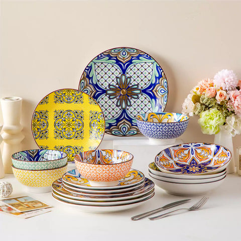 vancasso Jasmin 16-Piece Dinnerware Set With Soup Bowls, Featuring Vibrant Bohemian Charm For A Lively And Colorful Dining Experience.