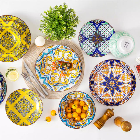 vancasso Jasmin 16-Piece Dinnerware Set With Soup Bowls, Featuring Vibrant Bohemian Charm For A Lively And Colorful Dining Experience.