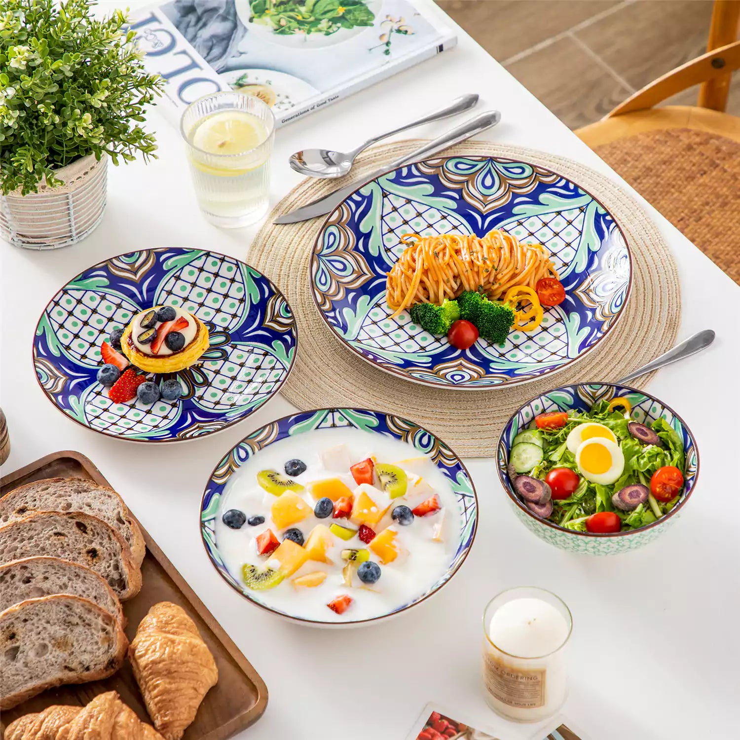 vancasso Jasmin 16-Piece Dinnerware Set With Soup Bowls, Featuring Vibrant Bohemian Charm For A Lively And Colorful Dining Experience.