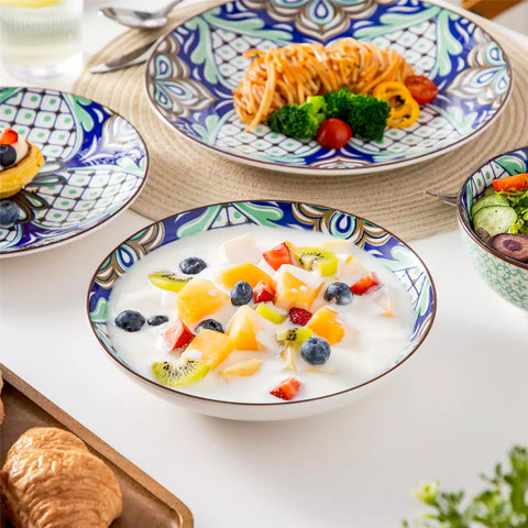 vancasso Jasmin 16-Piece Dinnerware Set With Soup Bowls, Featuring Vibrant Bohemian Charm For A Lively And Colorful Dining Experience.