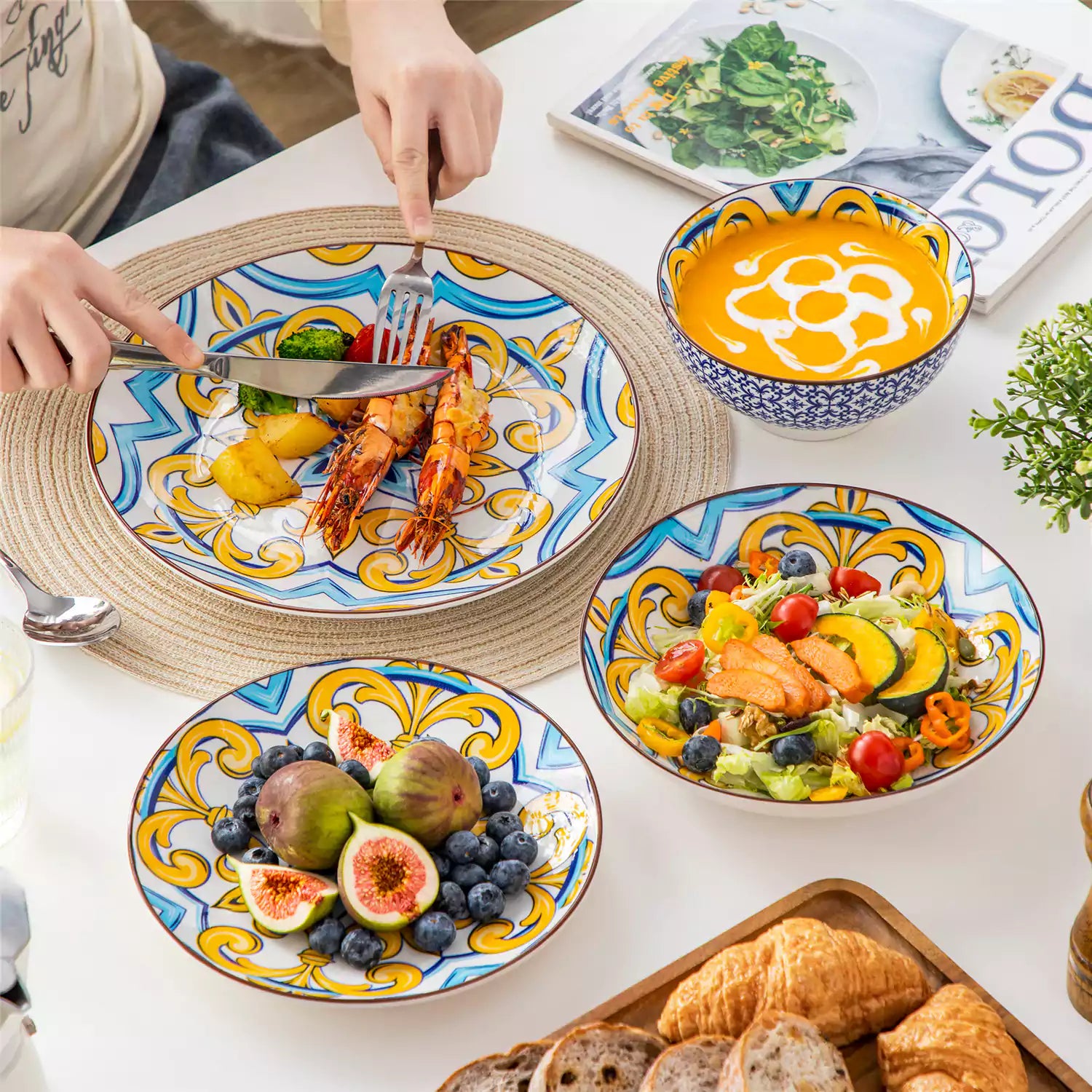 vancasso Jasmin 16-Piece Dinnerware Set With Soup Bowls, Featuring Vibrant Bohemian Charm For A Lively And Colorful Dining Experience.