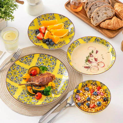 vancasso Jasmin 16-Piece Dinnerware Set With Soup Bowls, Featuring Vibrant Bohemian Charm For A Lively And Colorful Dining Experience.