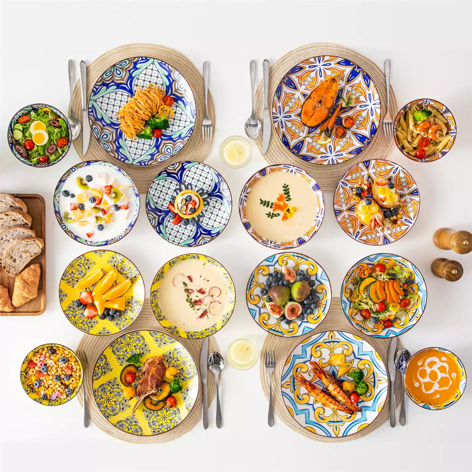 vancasso Jasmin 16-Piece Dinnerware Set With Soup Bowls, Featuring Vibrant Bohemian Charm For A Lively And Colorful Dining Experience.