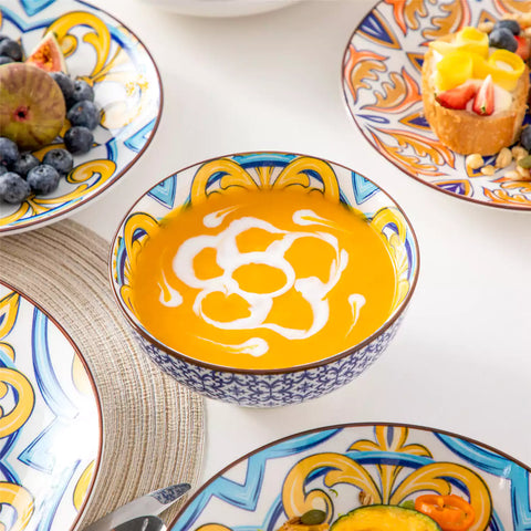 vancasso Jasmin 16-Piece Dinnerware Set With Soup Bowls, Featuring Vibrant Bohemian Charm For A Lively And Colorful Dining Experience.