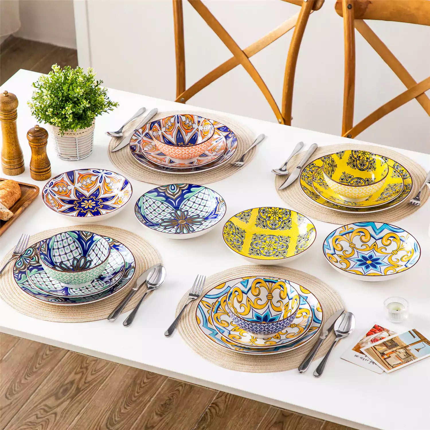 vancasso Jasmin 16-Piece Dinnerware Set With Soup Bowls, Featuring Vibrant Bohemian Charm For A Lively And Colorful Dining Experience.