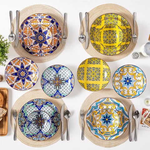 vancasso Jasmin 16-Piece Dinnerware Set With Soup Bowls, Featuring Vibrant Bohemian Charm For A Lively And Colorful Dining Experience.