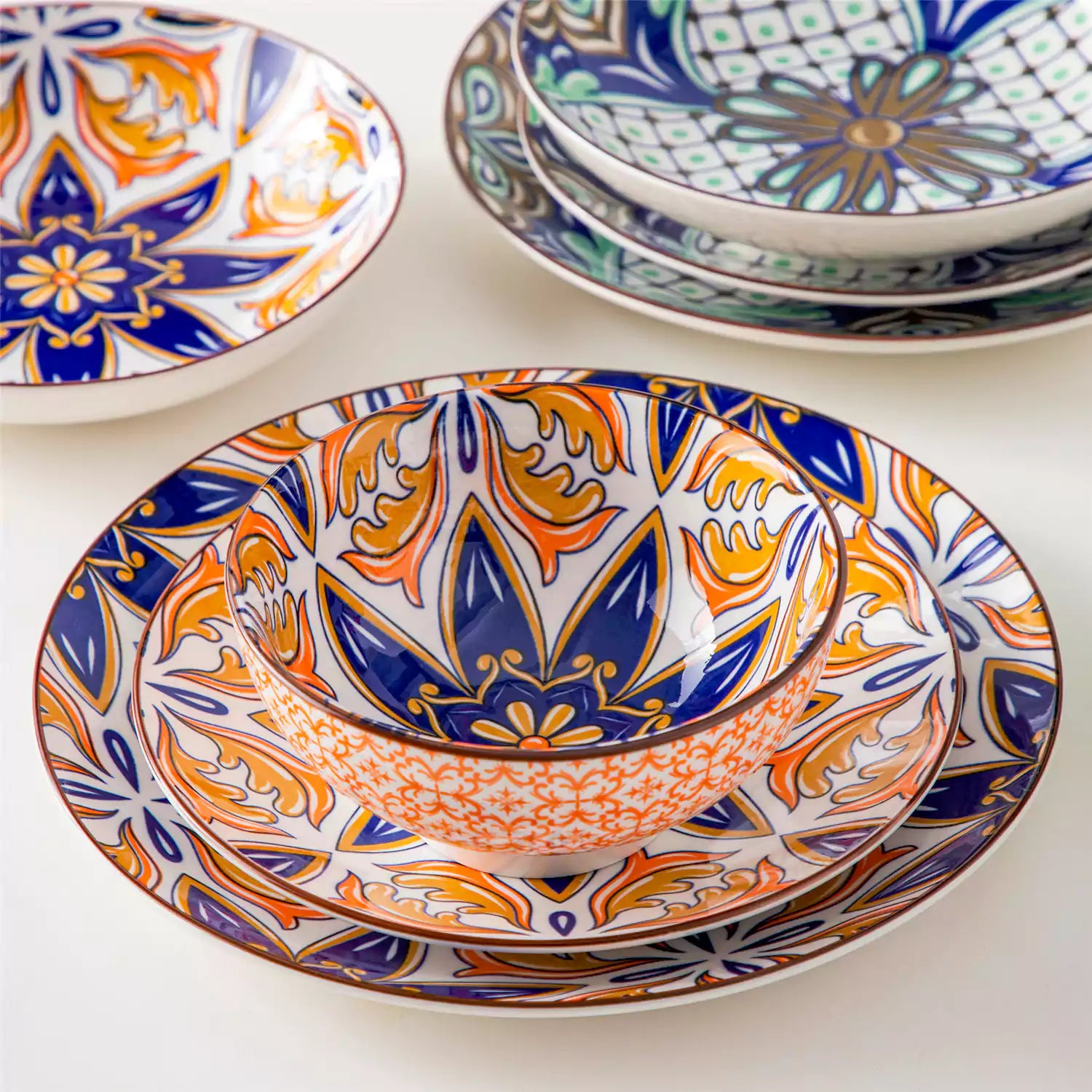 vancasso Jasmin 16-Piece Dinnerware Set With Soup Bowls, Featuring Vibrant Bohemian Charm For A Lively And Colorful Dining Experience.