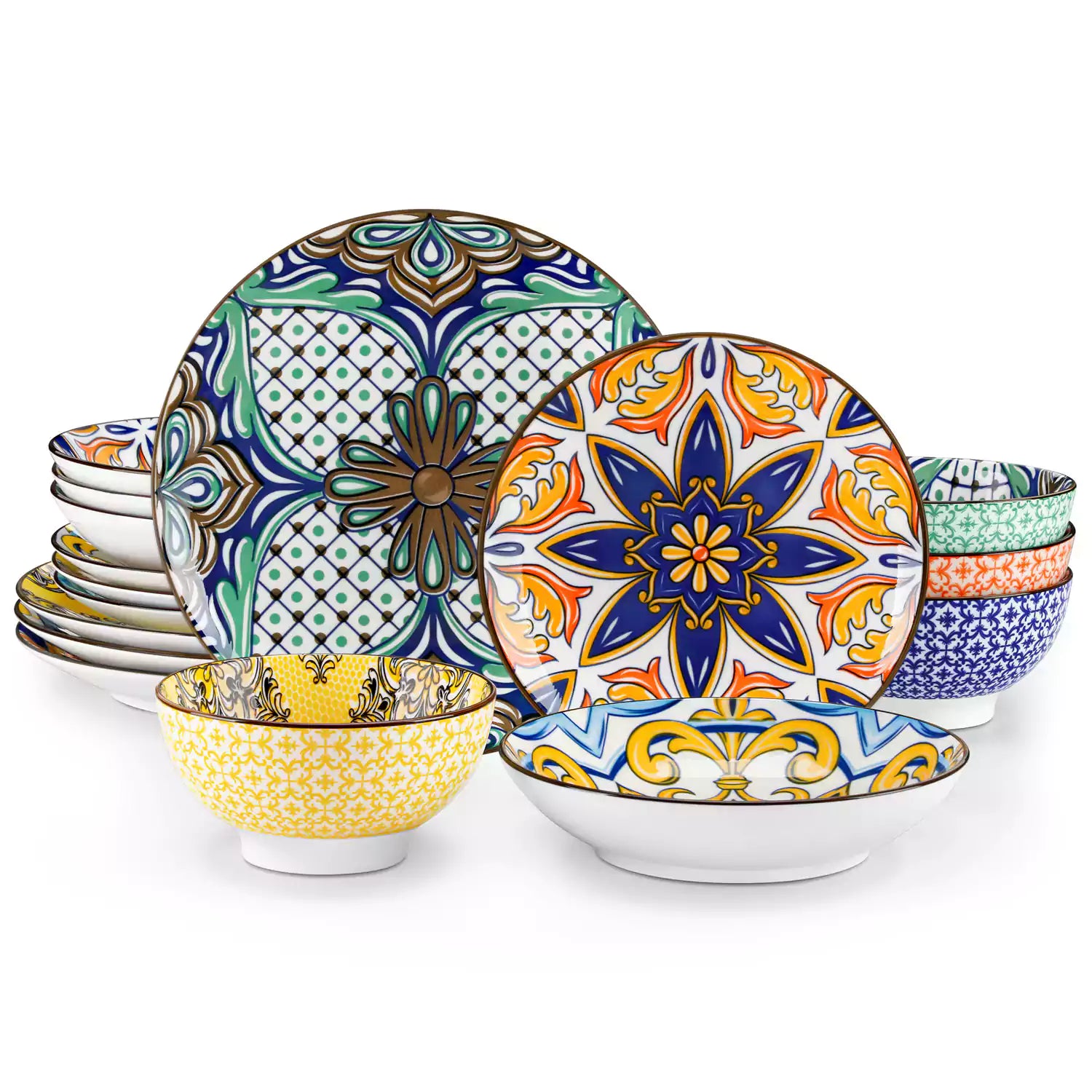 vancasso Jasmin 16-Piece Dinnerware Set With Soup Bowls, Featuring Vibrant Bohemian Charm For A Lively And Colorful Dining Experience.