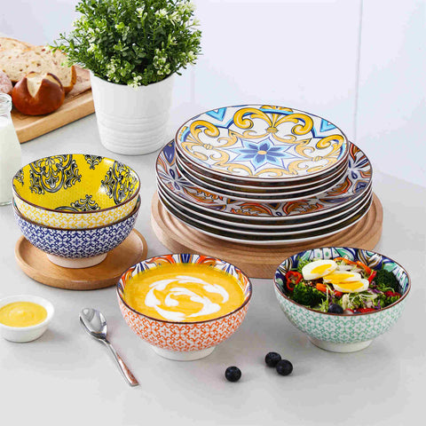 Boho Chic Jasmin 12 Piece Porcelain Round Dinnerware Set with Bowls-vancasso