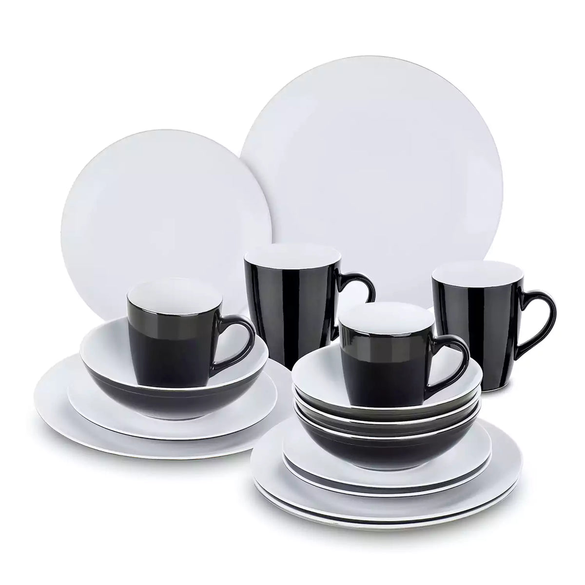 Lento 16 Piece Dinnerware Set in White - featuring matte stoneware with modern black and white design - including plates, bowls, and mugs for a sleek - minimalist table setting-vancasso